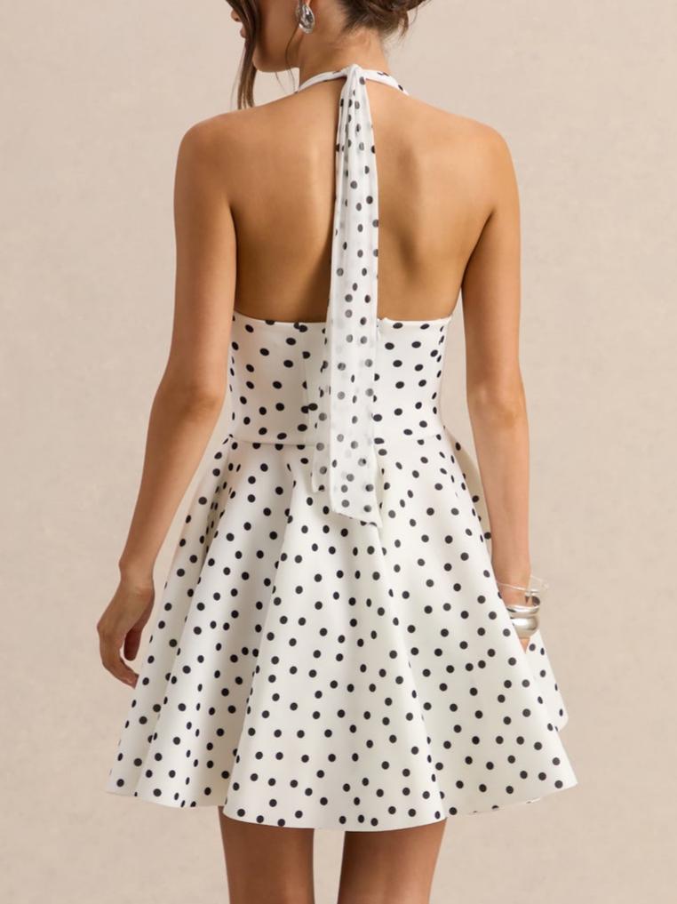 White & Black Polka Dot Halter-Neck Skater Mini Dress