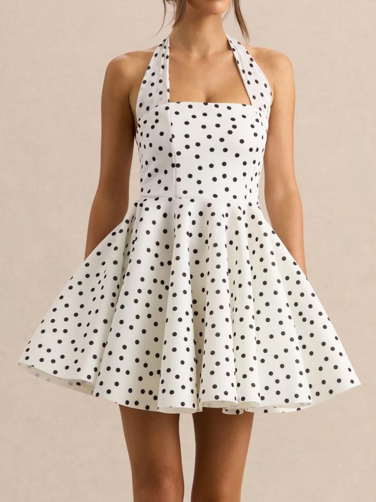 White & Black Polka Dot Halter-Neck Skater Mini Dress