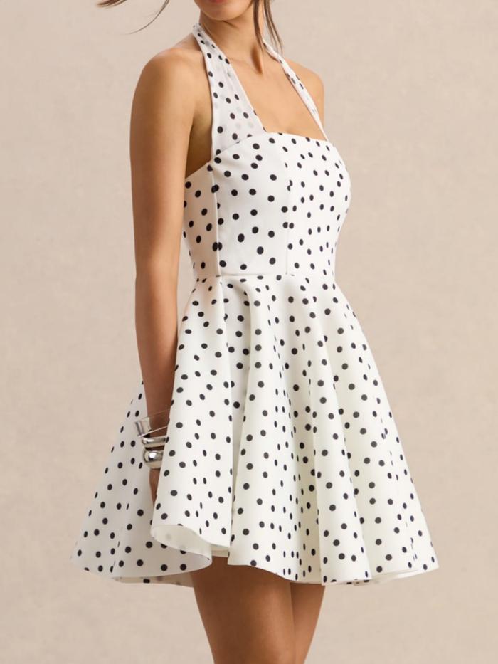 White & Black Polka Dot Halter-Neck Skater Mini Dress