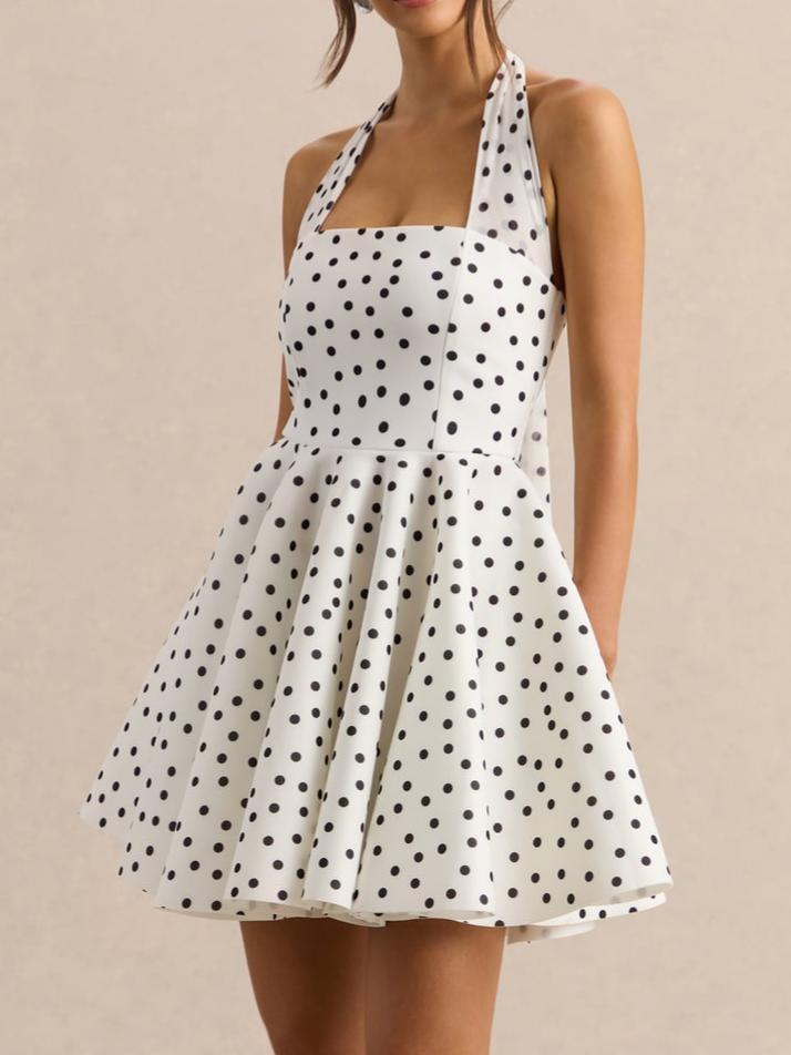 White & Black Polka Dot Halter-Neck Skater Mini Dress