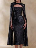 Black Sequin Crew-Neck Midi Dress With Cape Sleeves