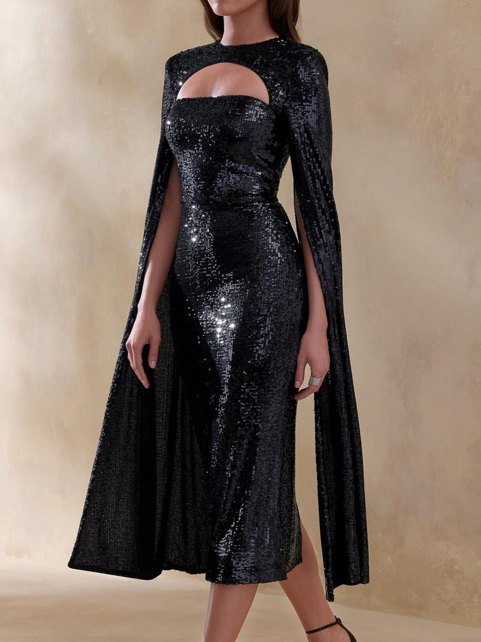 Black Sequin Crew-Neck Midi Dress With Cape Sleeves – TheNinePM