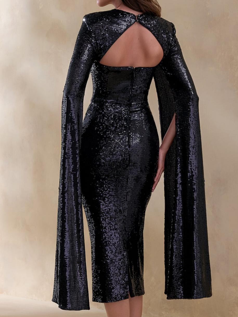 Black Sequin Crew-Neck Midi Dress With Cape Sleeves