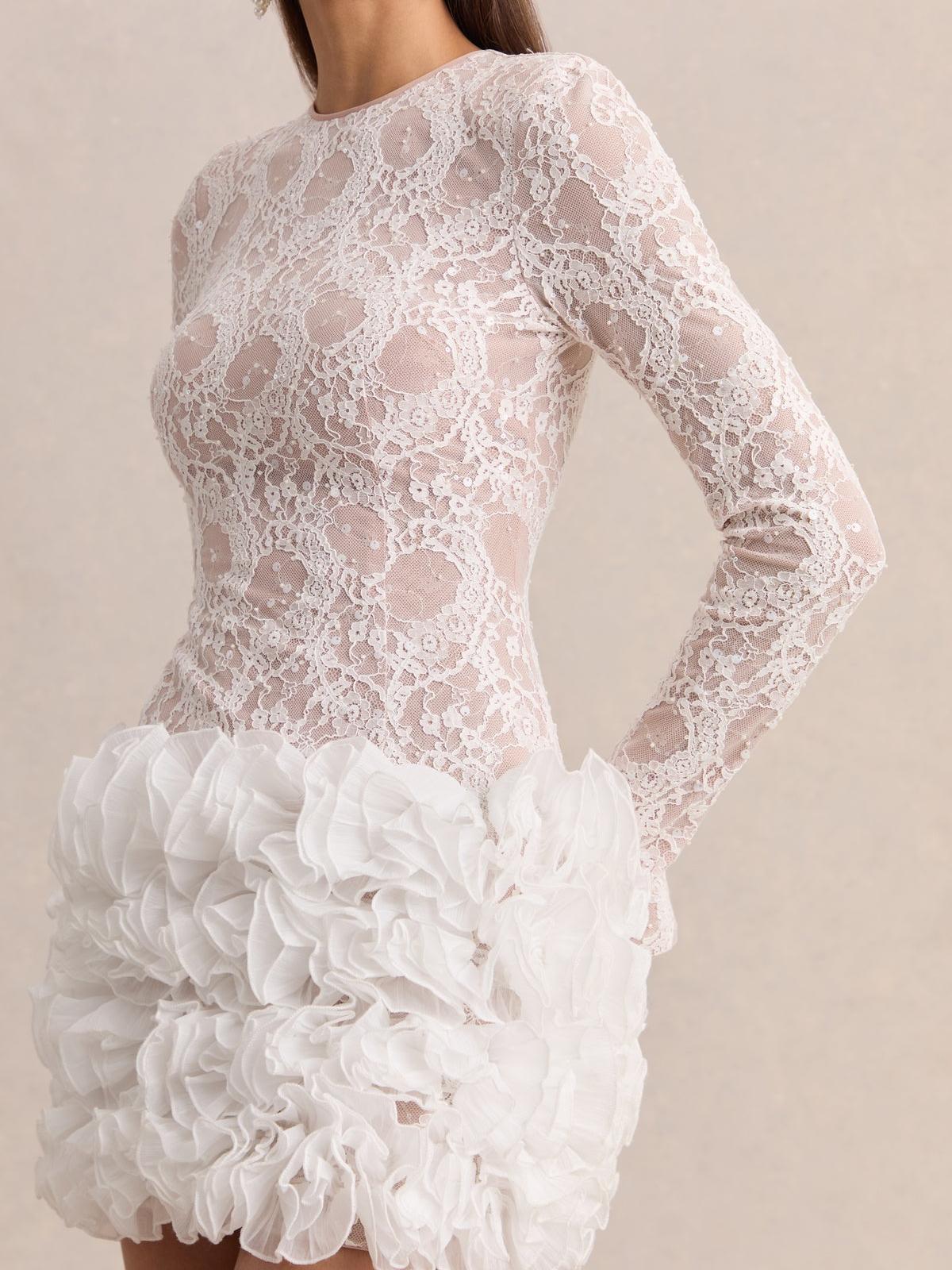 White Crew-Neck Mini Dress With Ruffled Skirt