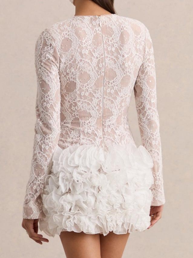 White Crew-Neck Mini Dress With Ruffled Skirt