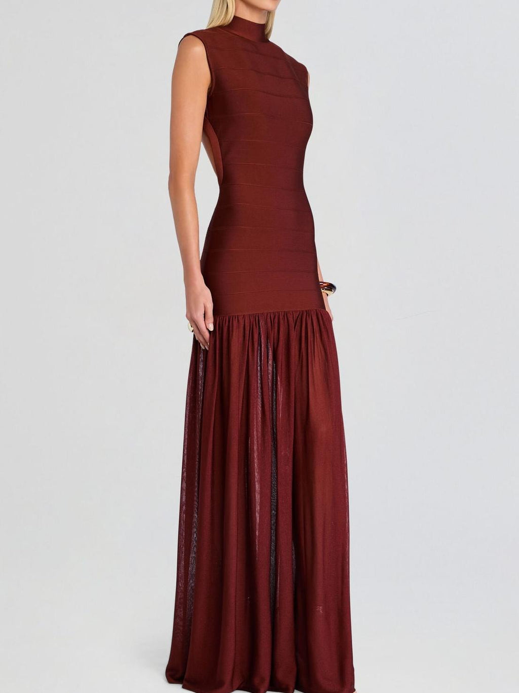 Burgundy Bandage Knit Tiered Maxi Dress