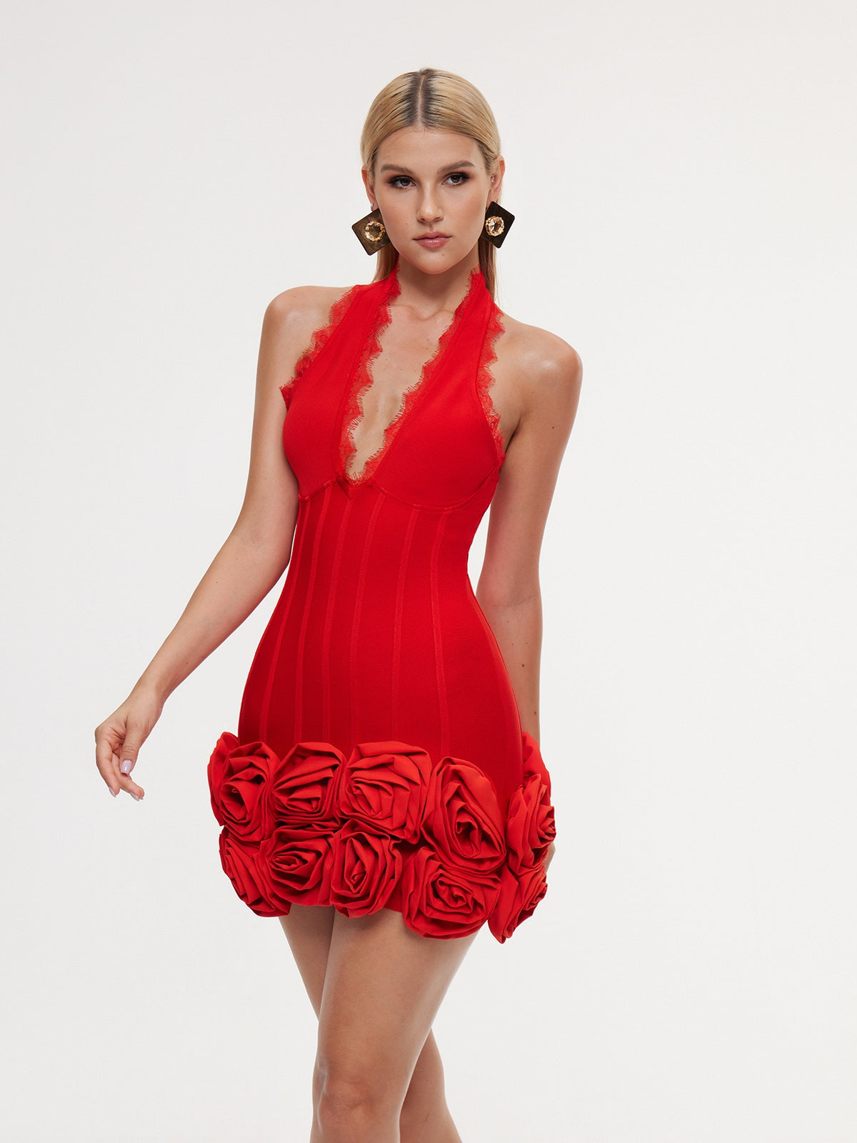 Emanar Halterneck Flower Bandage Mini Dress