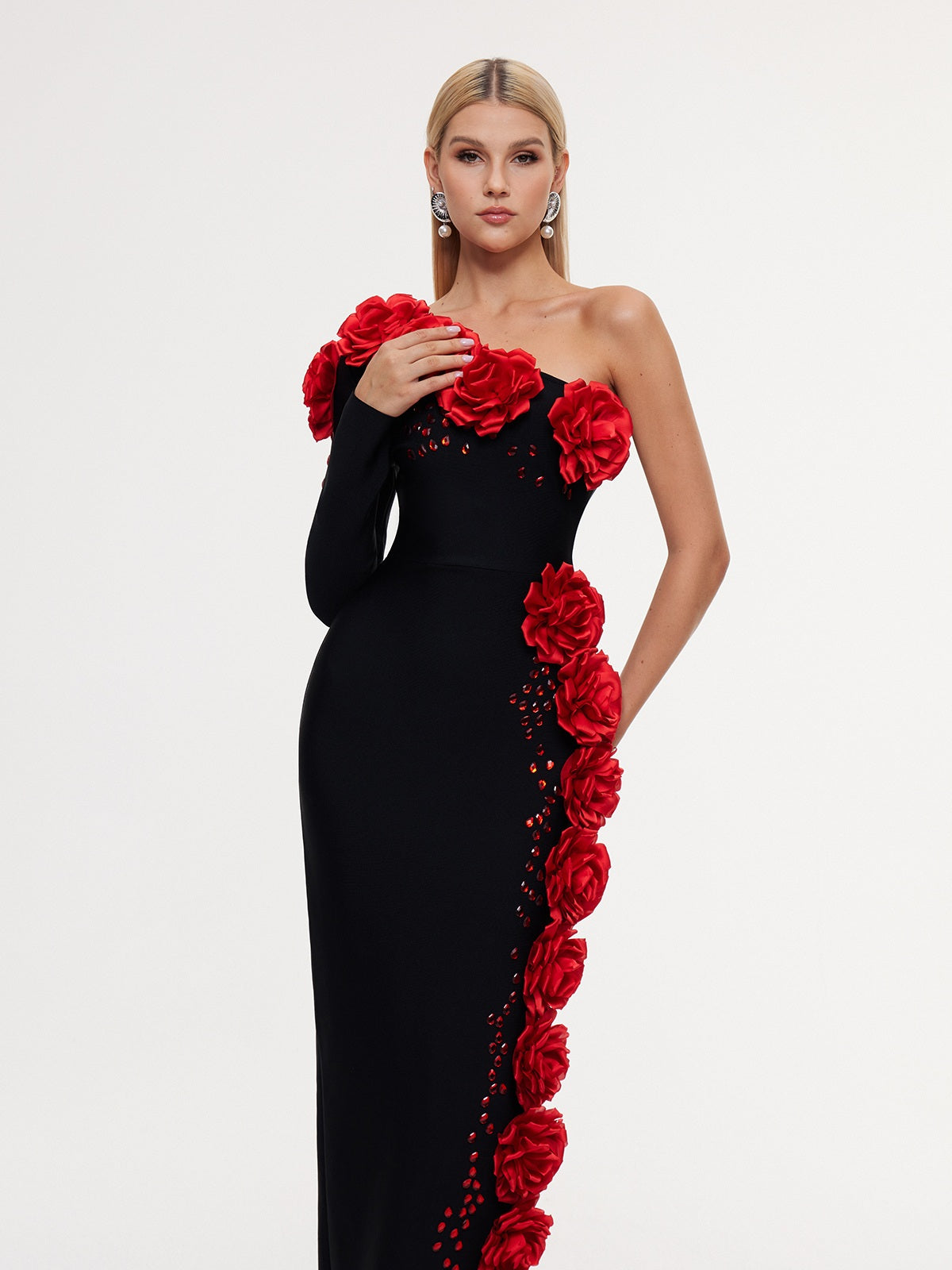 Execra One Shoulder Flower Bandage Maxi Dress