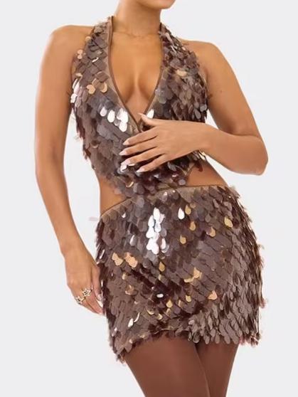 Extreme Plunge Cut Out Detail Mini Dress In Chocolate Brown Sequin