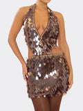 Extreme Plunge Cut Out Detail Mini Dress In Chocolate Brown Sequin