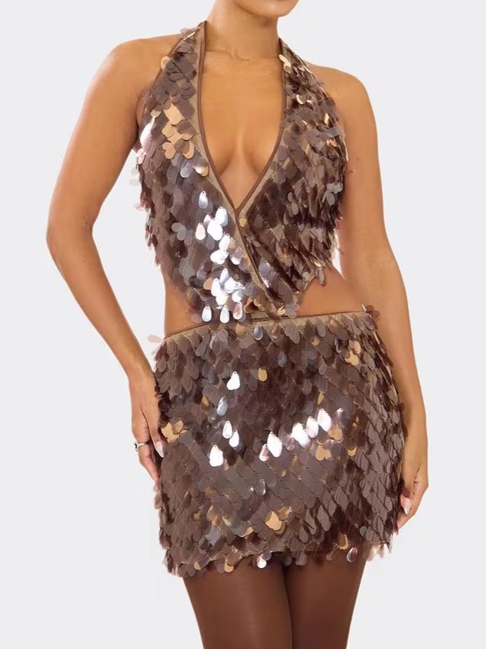 Extreme Plunge Cut Out Detail Mini Dress In Chocolate Brown Sequin