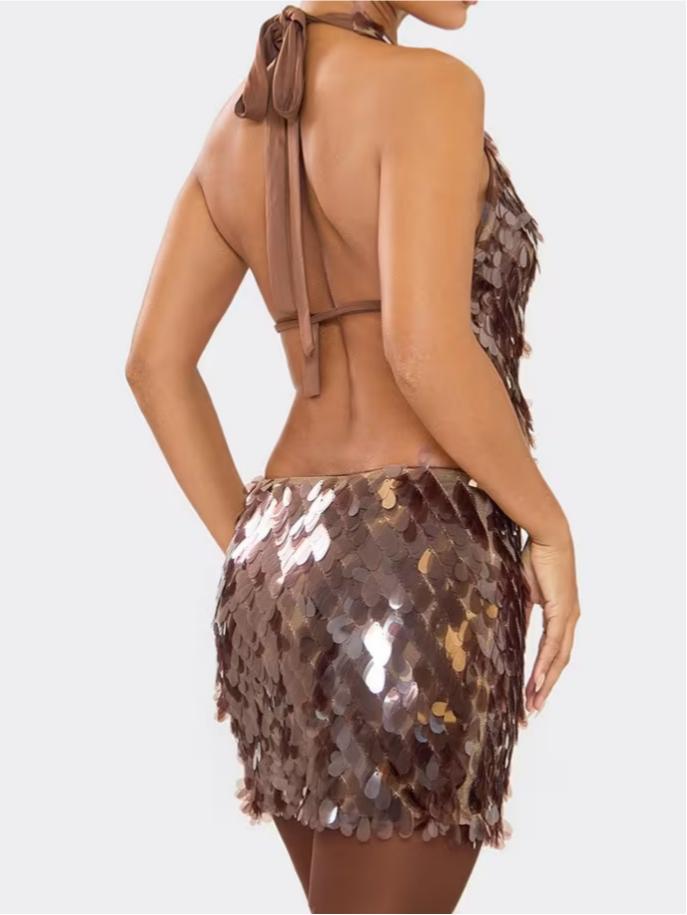 Extreme Plunge Cut Out Detail Mini Dress In Chocolate Brown Sequin