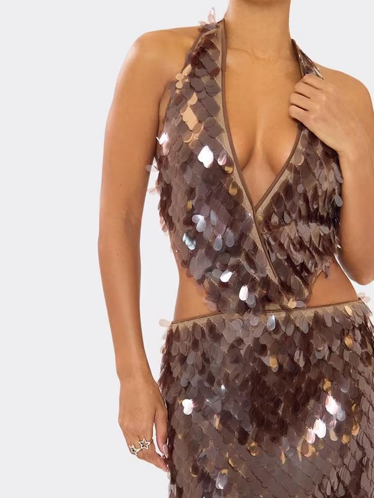 Extreme Plunge Cut Out Detail Mini Dress In Chocolate Brown Sequin