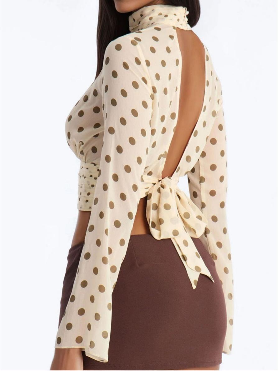 Flirty Polka Dot Tie Back Chiffon Top - Cream/combo