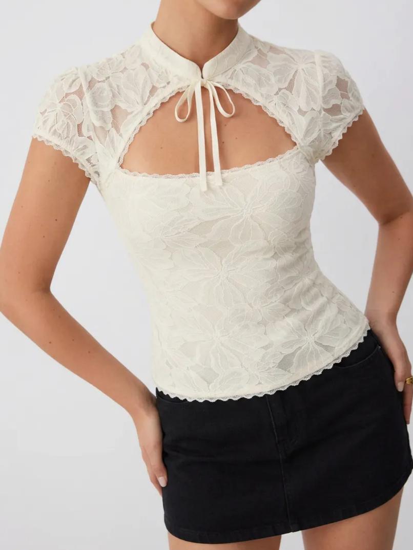 Collar Cut Out Bowknot Short Sleeve Top