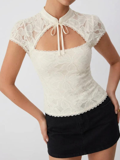 Collar Cut Out Bowknot Short Sleeve Top
