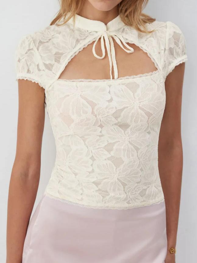 Collar Cut Out Bowknot Short Sleeve Top