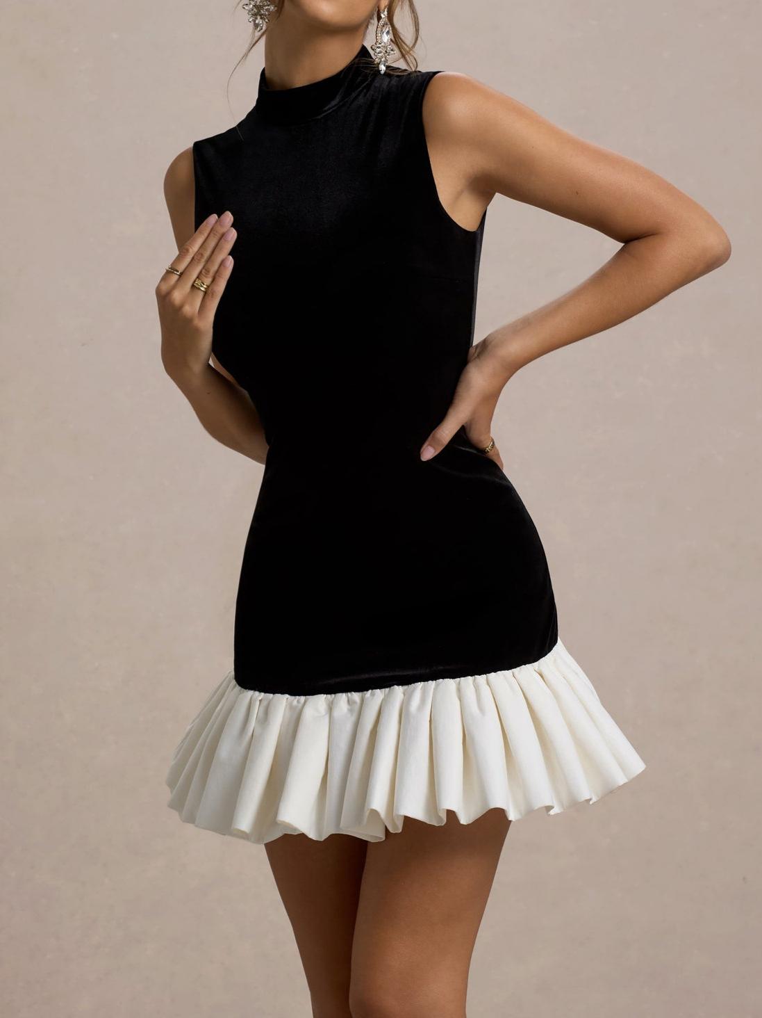 Black & White Velvet Mini Dress With Satin Ruffle Trim