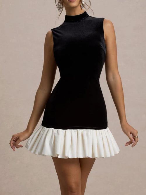 Black & White Velvet Mini Dress With Satin Ruffle Trim