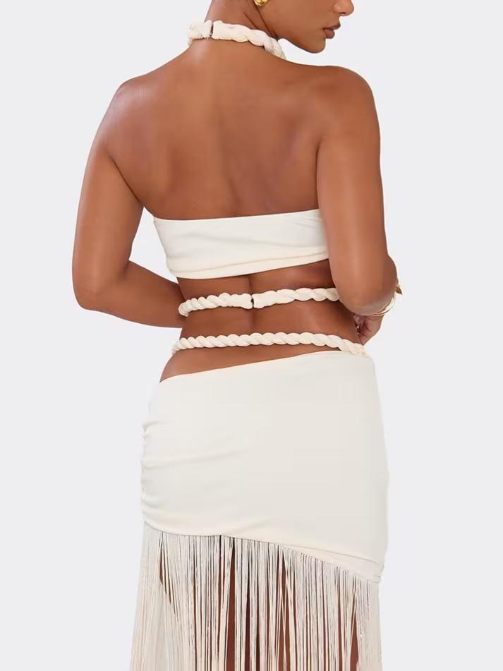 Halterneck Rope Strap Detail Bralet Top In Cream