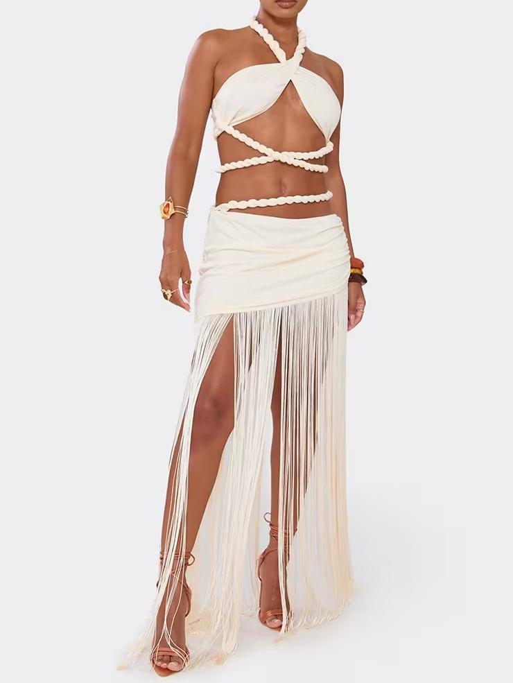 Halterneck Rope Strap Detail Bralet Top In Cream