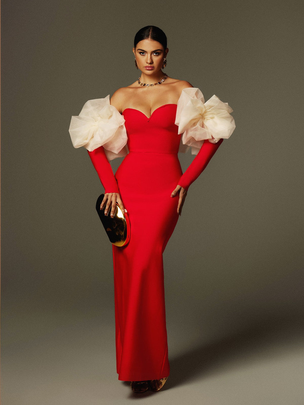 Ifra Off Shoulder Flower Bandage Maxi Dress In Red