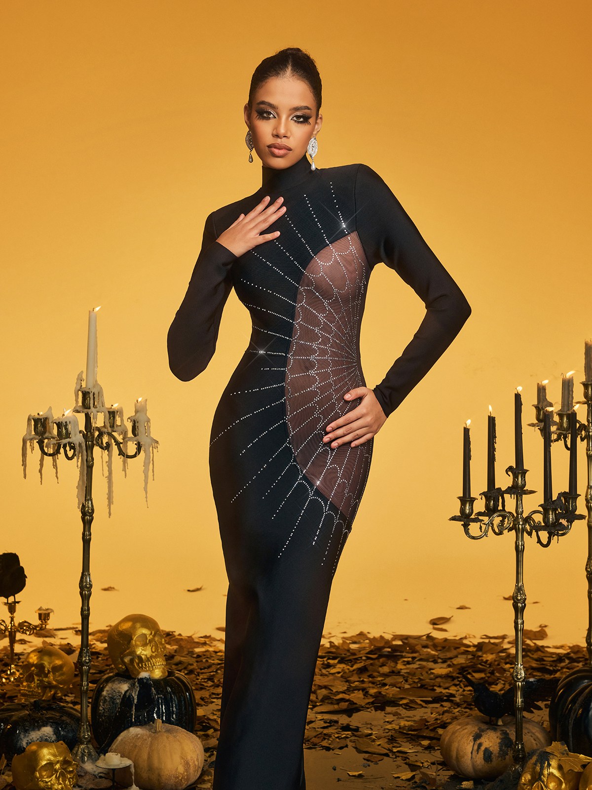 Jyxra Rhinestone Cobweb Bandage Maxi Dress