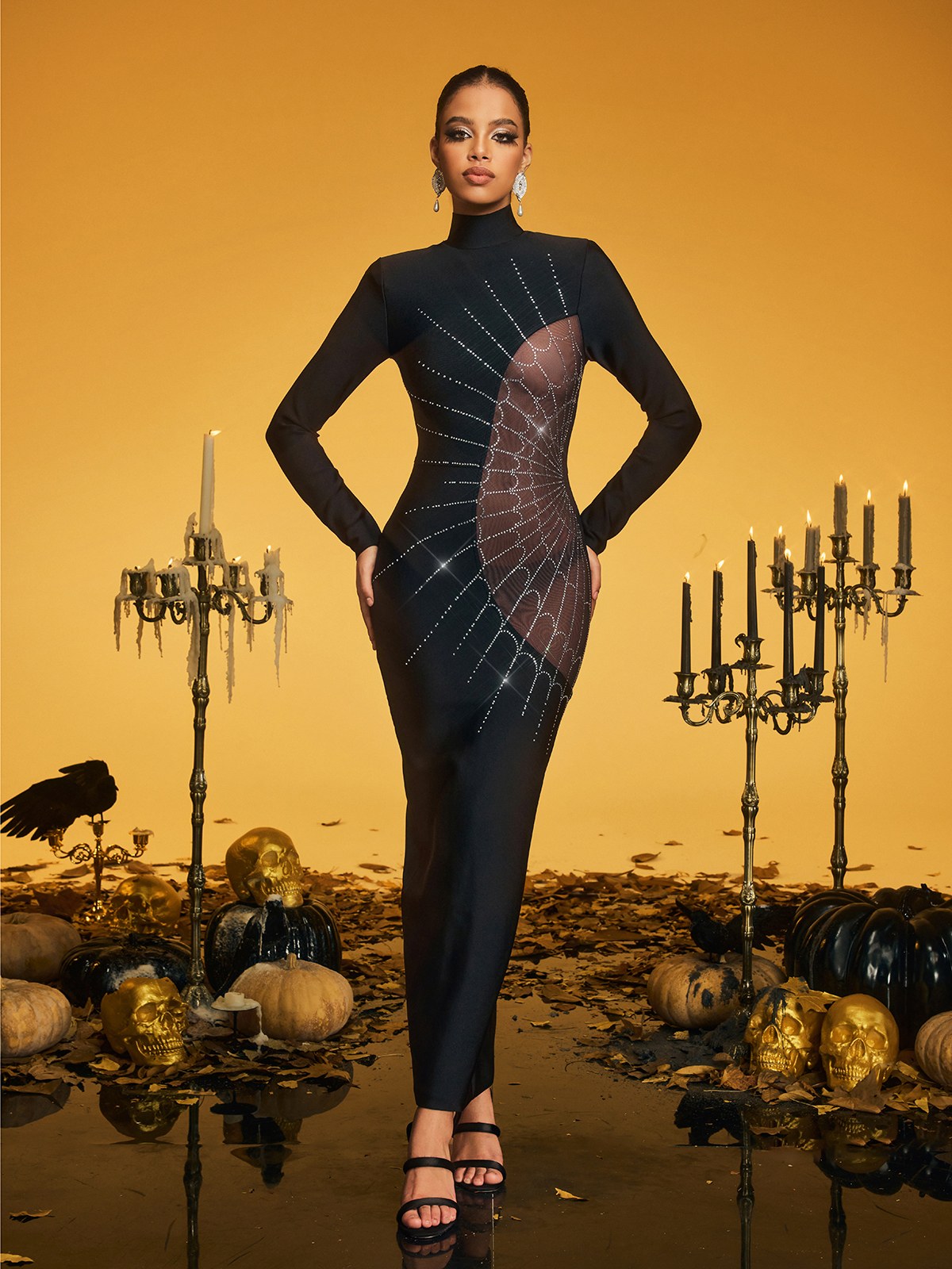 Jyxra Rhinestone Cobweb Bandage Maxi Dress