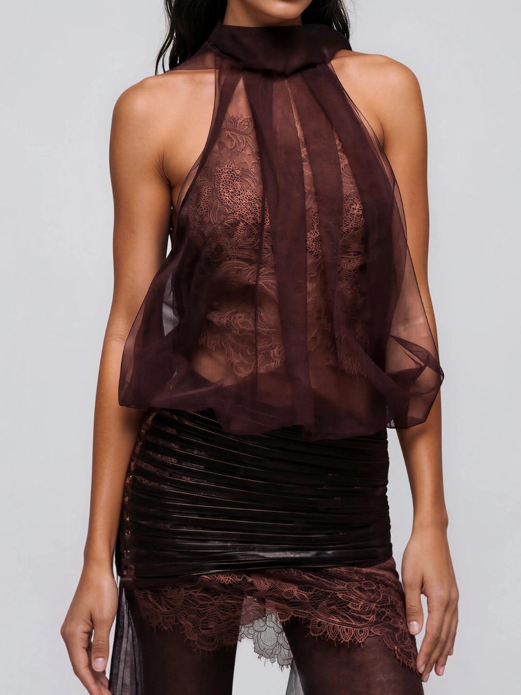 Kalida Halter Neck Mesh Lace Skirt Set
