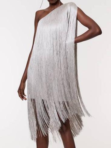 KarenMillen Petite Figure Form Bandage One Shoulder Fringe Mini Knit Dress
