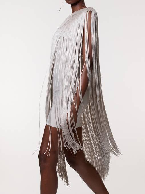 KarenMillen Petite Figure Form Bandage One Shoulder Fringe Mini Knit Dress