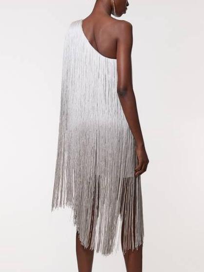 KarenMillen Petite Figure Form Bandage One Shoulder Fringe Mini Knit Dress