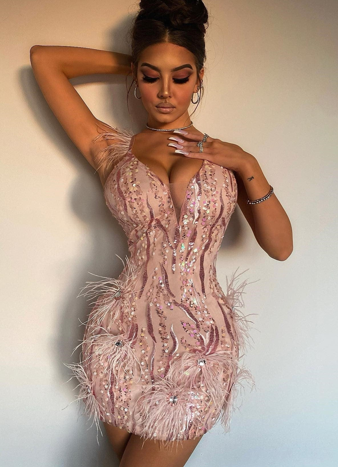 Sequin Feather Fringe Mini Party Dress