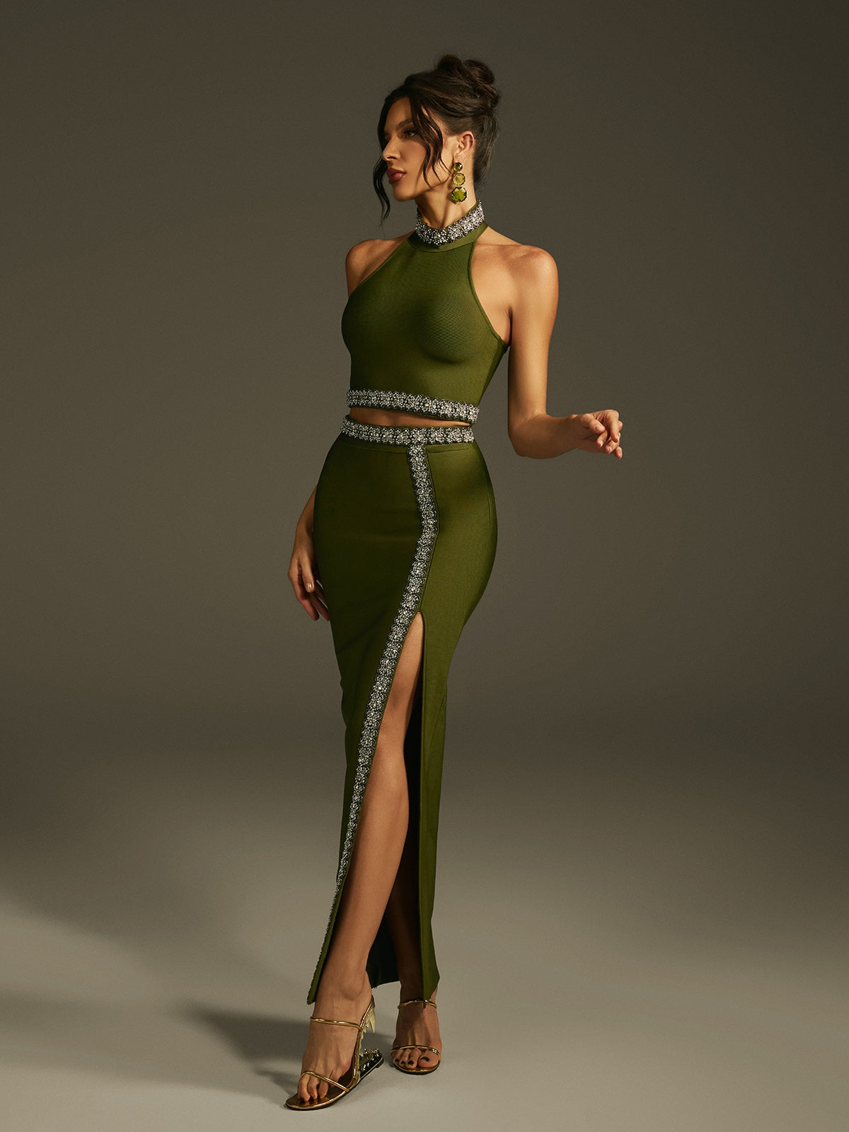 Landri Halterneck Crystal Bandage Skirt Set