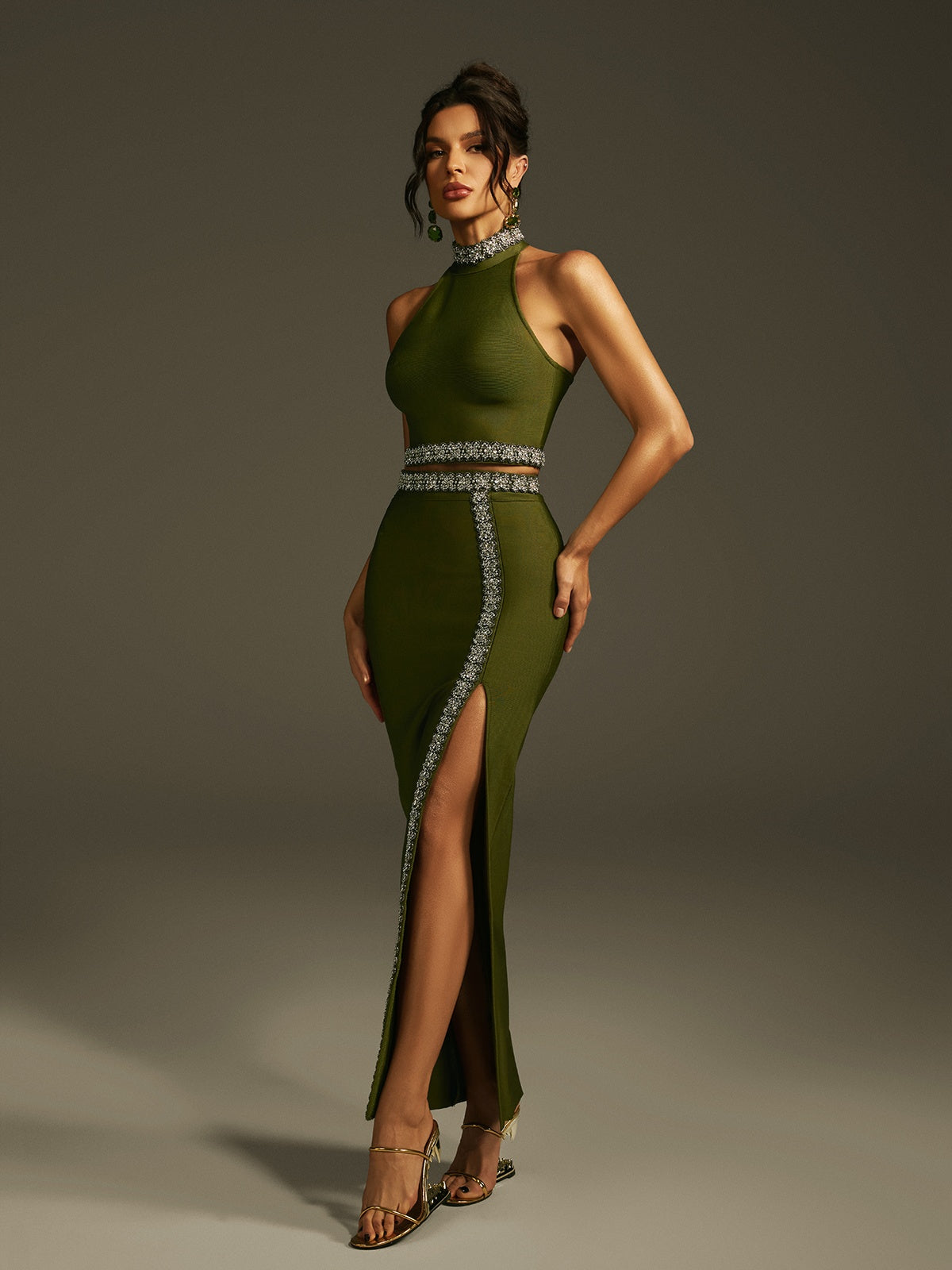 Landri Halterneck Crystal Bandage Skirt Set