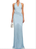 Leilah Blue V-Neck Top & Maxi Skirt Set with Fringe