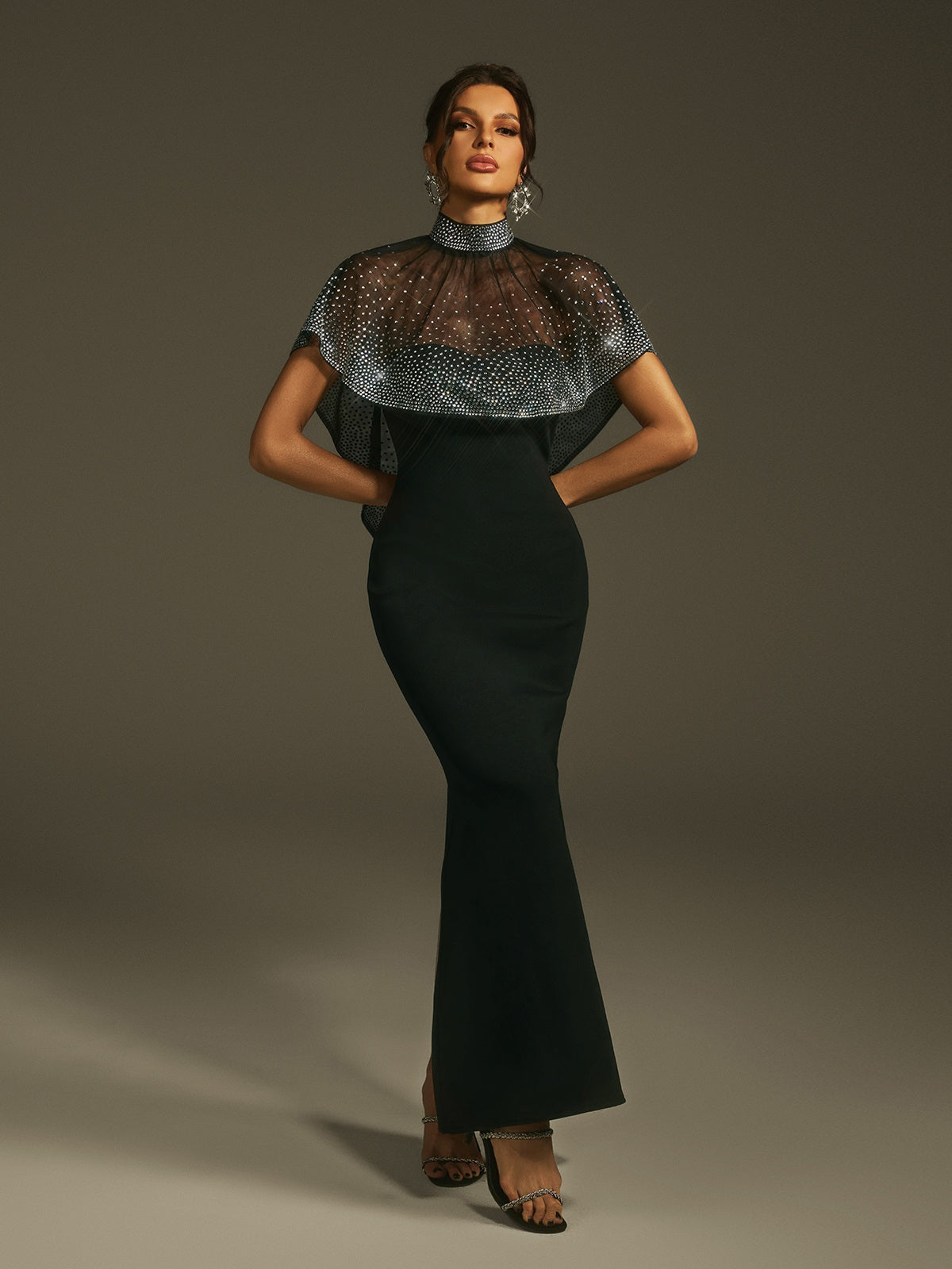 Lenah High Neck Rhinestone Bandage Maxi Dress