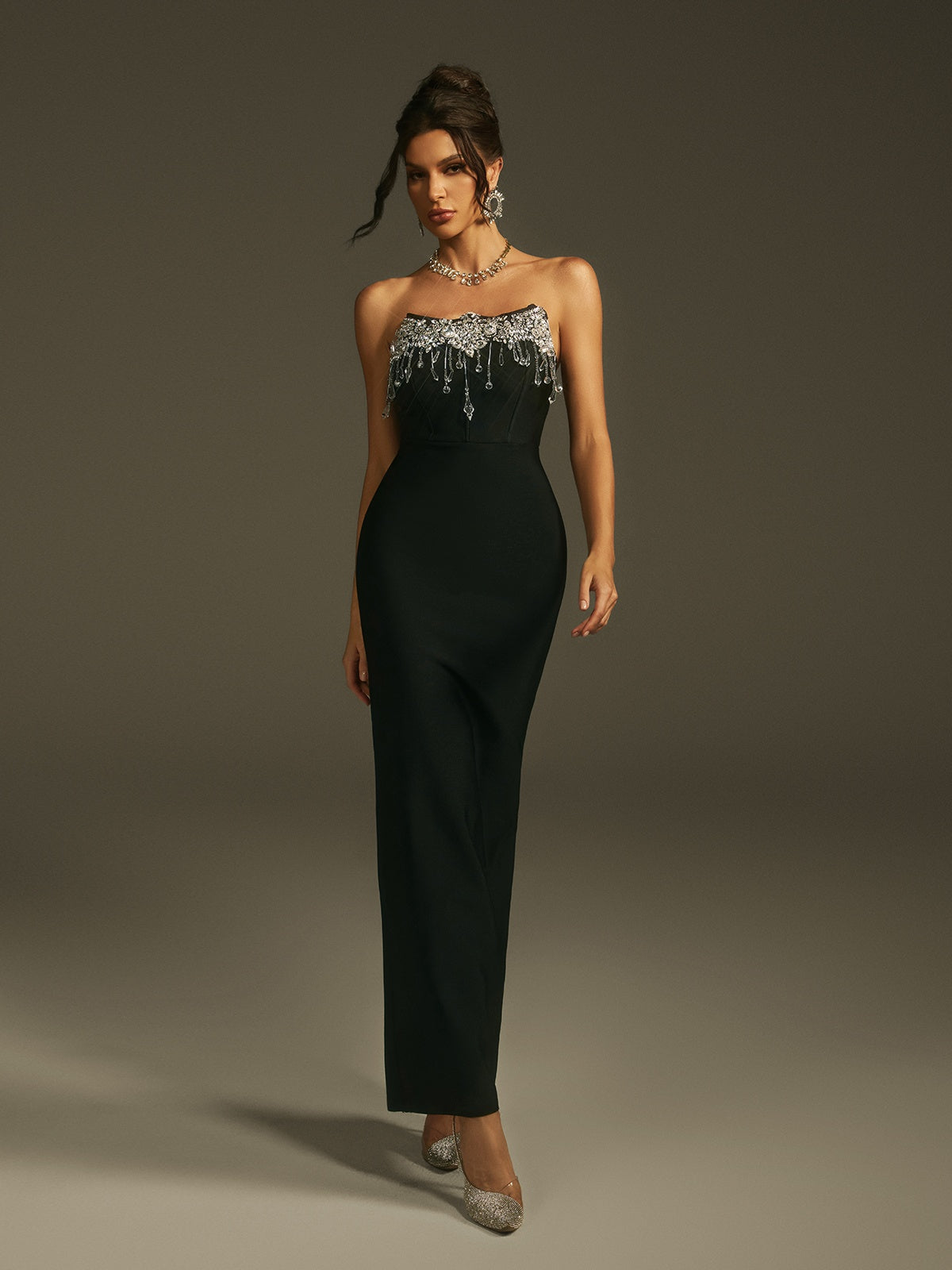 Leyati Strapless Crystal Fringe Bandage Dress