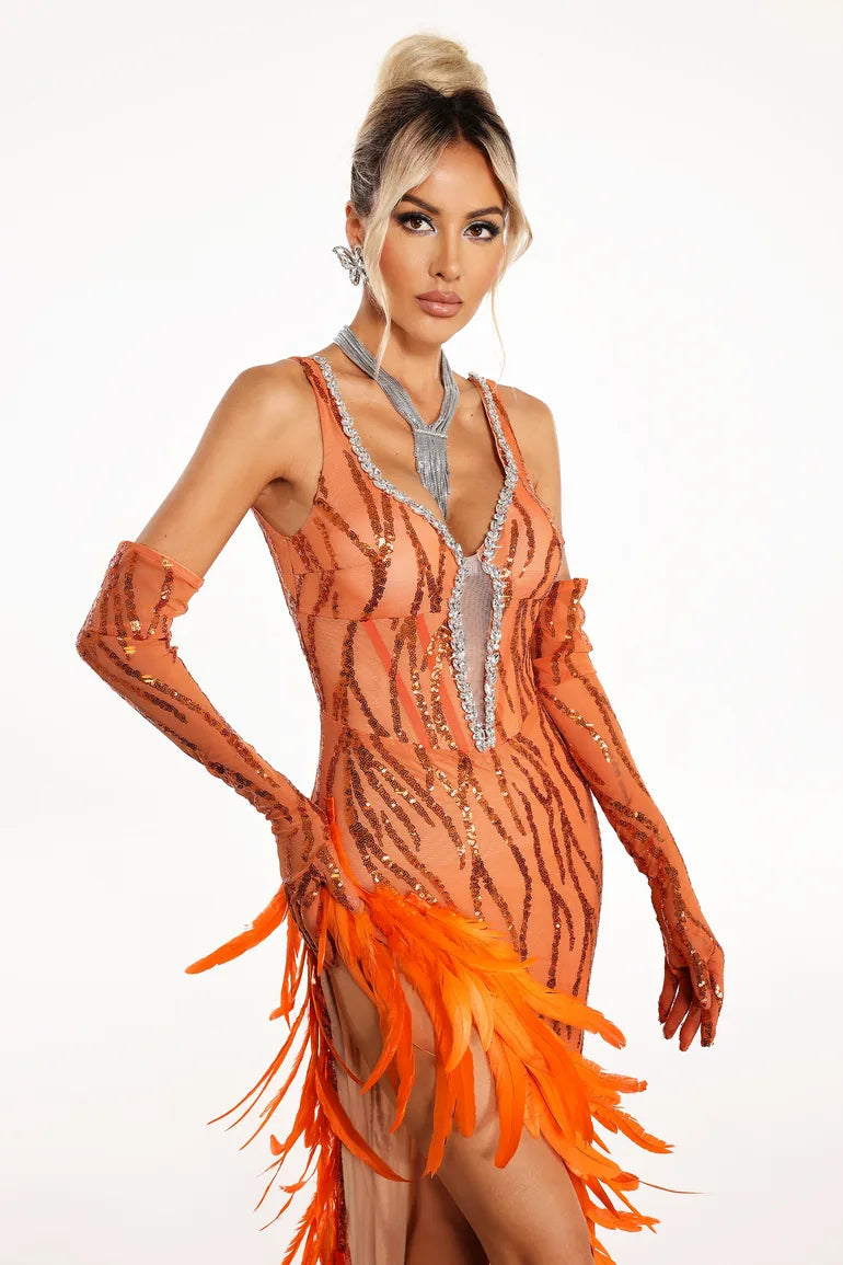 Ludia Feather Sequins Maxi Dress
