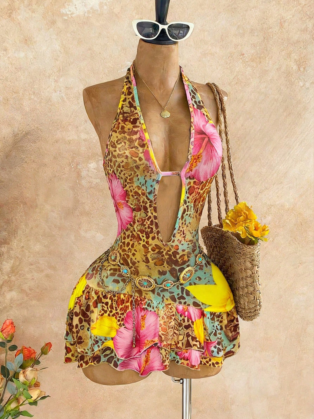 Tropical Muse Ruffle Halter Mini Dress