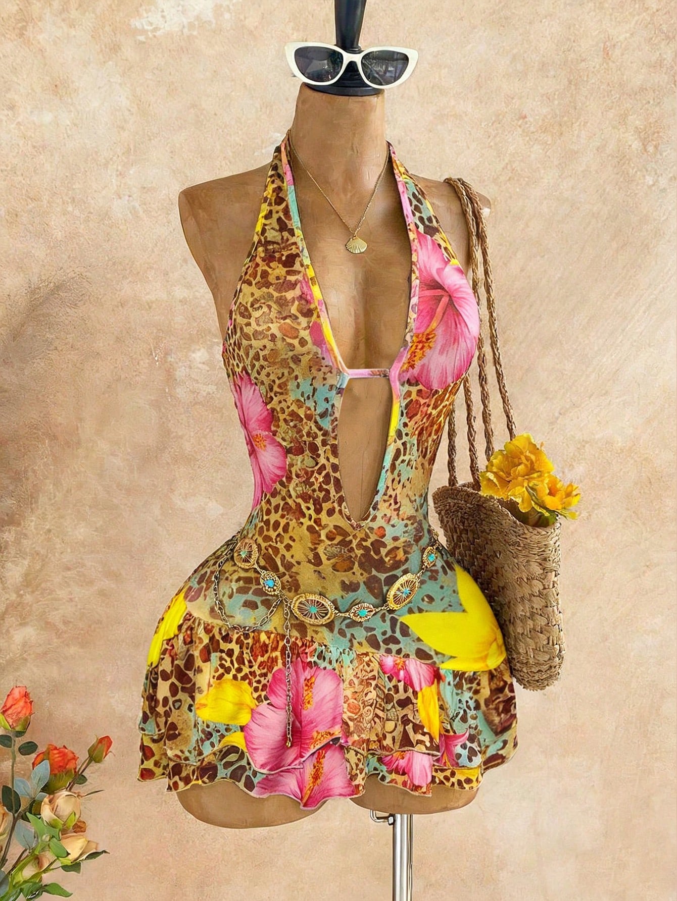 Tropical Muse Ruffle Halter Mini Dress