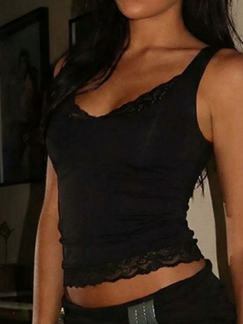 Sexy Lace Trim Solid Crop Tank Top