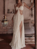 Martha Beige Cut-Out Draped Slit Maxi Dress