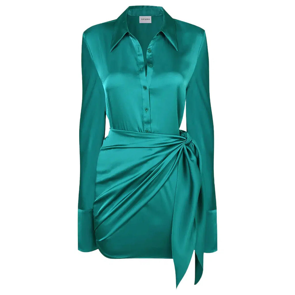 Emerald Satin Wrap Mini Dress