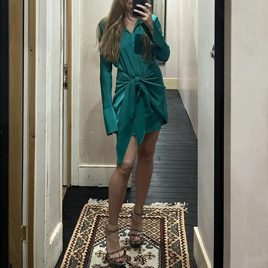 Emerald Satin Wrap Mini Dress