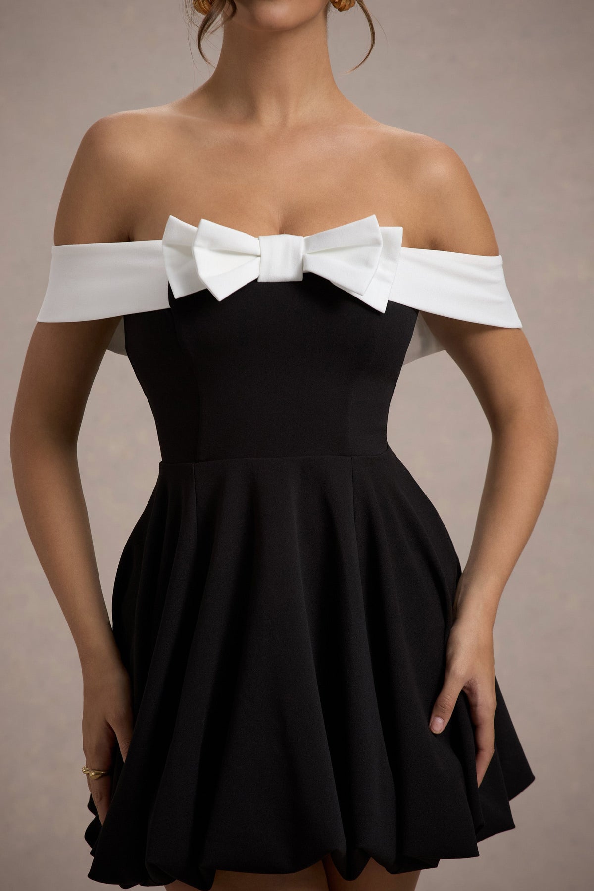 Black & White Bow Bardot Mini Dress With Puff-Ball Skirt