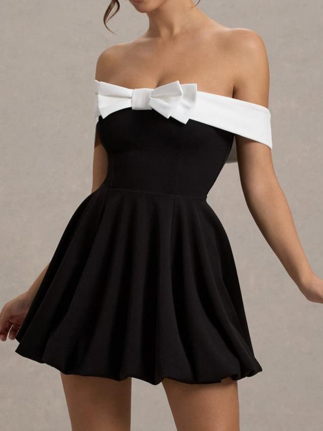 Black & White Bow Bardot Mini Dress With Puff-Ball Skirt