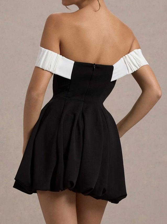 Black & White Bow Bardot Mini Dress With Puff-Ball Skirt