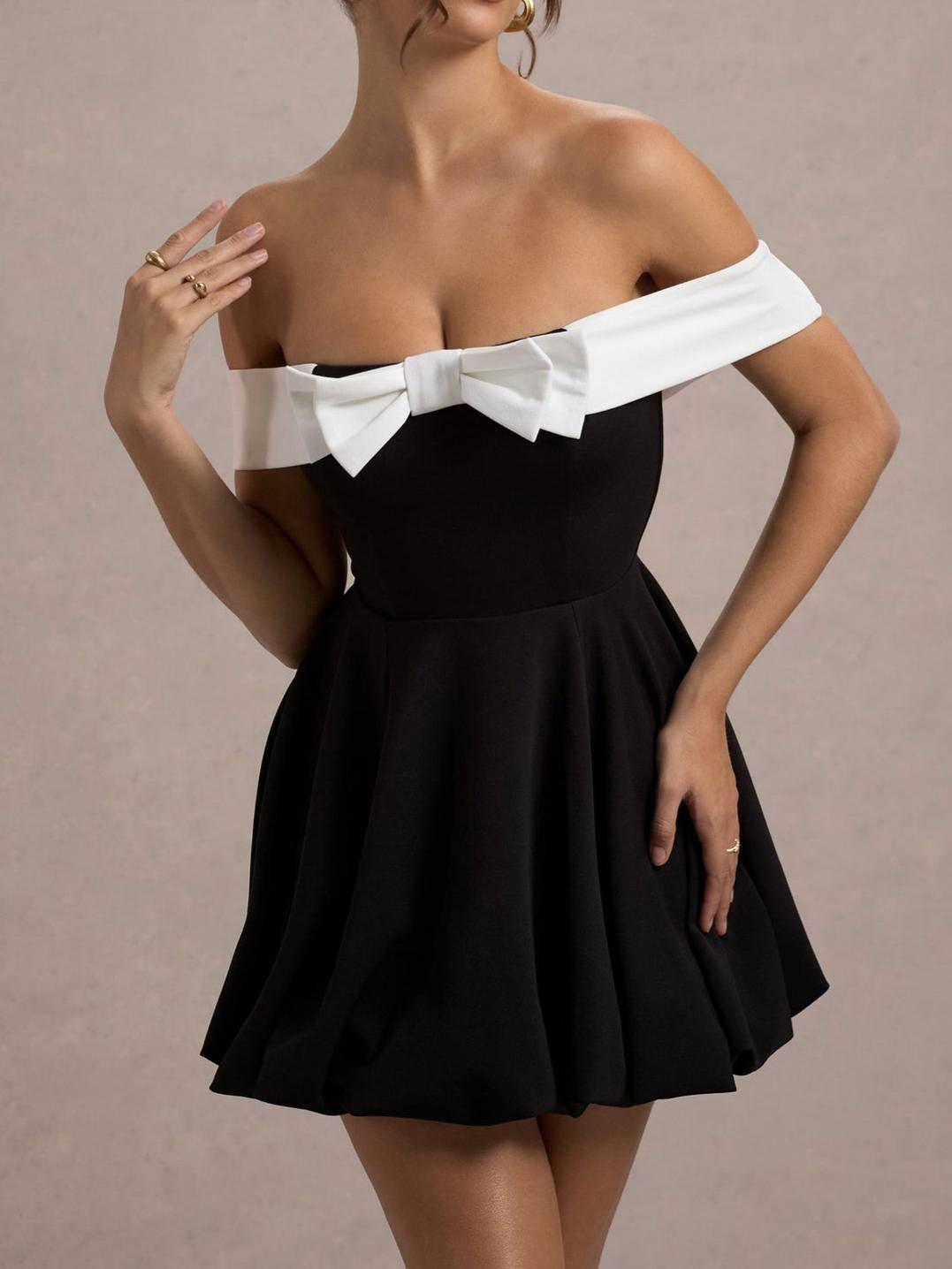 Black & White Bow Bardot Mini Dress With Puff-Ball Skirt