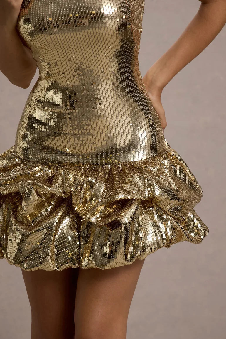 Gold Sequin Bandeau Mini Dress